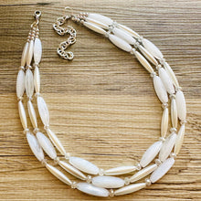 Load image into Gallery viewer, White 3 Strand Necklace, white Chunky jewelry, Statement Necklace, white jewelry, beaded crystal wedding bridesmaid tube jewelry