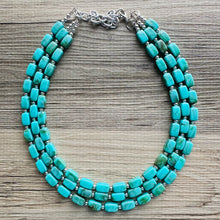 Load image into Gallery viewer, Seafoam Green Chunky Statement Necklace, 3 strand necklace, green necklace, aqua necklace, green brown wedding bridesmaid necklace