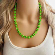 Load image into Gallery viewer, Saint Patricks Green Chunky Statement Necklace & Stretch Bracelet set 1 Strand Beaded Kelly green jewelry bridesmaid earrings gold st pattys