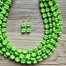 Load image into Gallery viewer, Saint Patricks Green Chunky Statement Necklace & Stretch Bracelet set 5 Strand Beaded Kelly green jewelry bridesmaid earrings gold st pattys