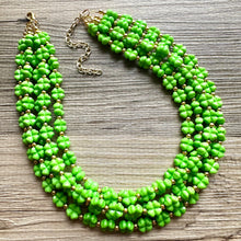 Load image into Gallery viewer, Saint Patricks Green Chunky Statement Necklace & Stretch Bracelet set 5 Strand Beaded Kelly green jewelry bridesmaid earrings gold st pattys