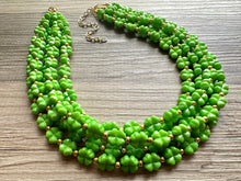 Load image into Gallery viewer, Saint Patricks Green Chunky Statement Necklace & Stretch Bracelet set 5 Strand Beaded Kelly green jewelry bridesmaid earrings gold st pattys