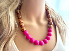 Load image into Gallery viewer, Wood Animal Print Chunky Statement Necklace, gold bib necklace, pink acetate resin bubblegum necklace, wedding bridesmaid chunky brown