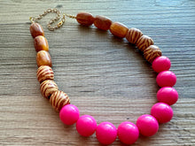 Load image into Gallery viewer, Wood Animal Print Chunky Statement Necklace, gold bib necklace, pink acetate resin bubblegum necklace, wedding bridesmaid chunky brown