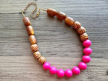 Load image into Gallery viewer, Wood Animal Print Chunky Statement Necklace, gold bib necklace, pink acetate resin bubblegum necklace, wedding bridesmaid chunky brown