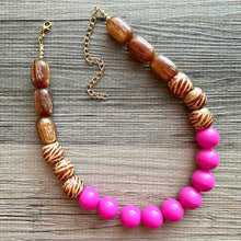 Load image into Gallery viewer, Wood Animal Print Chunky Statement Necklace, gold bib necklace, pink acetate resin bubblegum necklace, wedding bridesmaid chunky brown