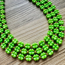 Load image into Gallery viewer, Saint Patricks Green Chunky Statement Necklace & Stretch Bracelet set 3 Strand Beaded Kelly green jewelry bridesmaid earrings gold st pattys