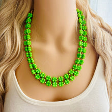 Load image into Gallery viewer, Saint Patricks Green Chunky Statement Necklace & Stretch Bracelet set 2 Strand Beaded Kelly green jewelry bridesmaid earrings gold st pattys