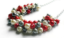 Load image into Gallery viewer, Red, Gray, and White Pearl Cluster Necklace, Arkansas Wisconsin Utah, football jewelry, gifts for her, pearl bridesmaid jewelry, Ohio