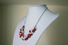 Load image into Gallery viewer, Red and White Pearl Cluster Fan Necklace - Arkansas Wisconsin Stanford Utah, red white football game jewelry