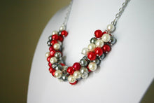 Load image into Gallery viewer, Red, Gray, and White Pearl Cluster Necklace, Arkansas Wisconsin Utah, football jewelry, gifts for her, pearl bridesmaid jewelry, Ohio