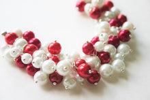 Load image into Gallery viewer, Red and White Pearl Cluster Fan Necklace - Arkansas Wisconsin Stanford Utah, red white football game jewelry
