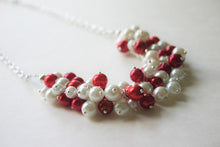 Load image into Gallery viewer, Red and White Pearl Cluster Fan Necklace - Arkansas Wisconsin Stanford Utah, red white football game jewelry