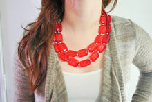 Load image into Gallery viewer, Cherry Red Chunky Statement Necklace, Double Layer Acrylic Bead Jewelry, red earrings, red jewelry set, big bead red necklace ruby