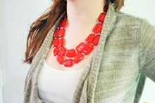 Load image into Gallery viewer, Cherry Red Chunky Statement Necklace, Double Layer Acrylic Bead Jewelry, red earrings, red jewelry set, big bead red necklace ruby
