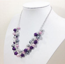 Load image into Gallery viewer, Purple & Gray cluster jewelry set - eggplant and gray pearl necklace, bracelet, and earrings