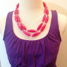 Load image into Gallery viewer, Pink Statement Necklace, 2 strand hot pink, Hot Pink Jewelry, glass beaded jewelry, multi strand pink necklace, dark pink magenta