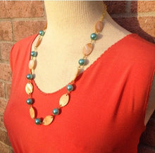 Load image into Gallery viewer, SALE! Shell & Robin's Egg Blue pearl necklace, statement necklace, blue and peach necklace, long necklace, statement necklace in Robins Egg