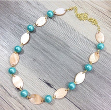Load image into Gallery viewer, SALE! Shell & Robin's Egg Blue pearl necklace, statement necklace, blue and peach necklace, long necklace, statement necklace in Robins Egg
