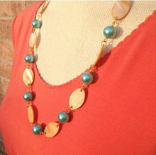 Load image into Gallery viewer, SALE! Shell & Robin's Egg Blue pearl necklace, statement necklace, blue and peach necklace, long necklace, statement necklace in Robins Egg