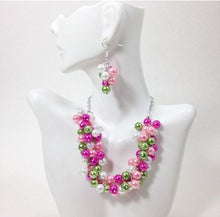 Load image into Gallery viewer, Pink and Green Cluster Necklace, Earrings, and Bracelet Set - Bridesmaid or Wedding Set