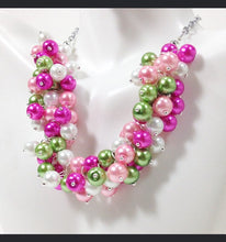 Load image into Gallery viewer, Pink and Green Cluster Necklace, Earrings, and Bracelet Set - Bridesmaid or Wedding Set