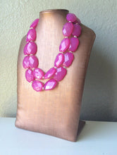 Load image into Gallery viewer, Magenta Jewelry, Dark Pink Double Strand Beaded Statement Necklace, Clear Crystal accents - chunky fuchsia big beaded necklace