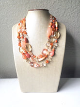 Load image into Gallery viewer, Peach and Coral Chunky Statement Necklace - Triple Strand Beaded Jewelry - peach coral jewelry -bridsmaid wedding