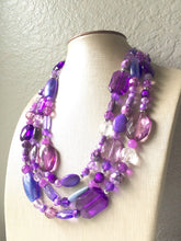 Load image into Gallery viewer, Purple Chunky Statement Necklace & Stretch Bracelet set, Triple Strand Beaded Jewelry, lilac lavendar eggplant jewelry, purple bridesmaid
