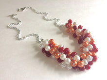 Load image into Gallery viewer, Maroon & Orange Cluster Necklace - Virginia Jewelry necklace, orange maroon and white pearl necklace, beaded football necklace