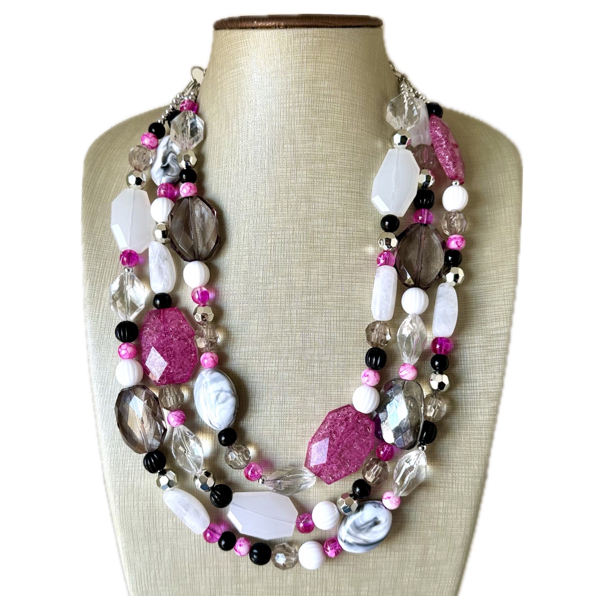 Pink Black White Statement Necklace, Triple Strand Beaded Jewelry, black  and white jewelry, bridsmaid wedding necklace, pink necklace
