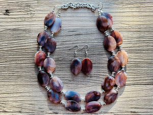 Earthy Neutral Statement Necklace - Brown Blue Green - Chunky Two Strand Jewelry - COLOR BLOCK - ready to ship!