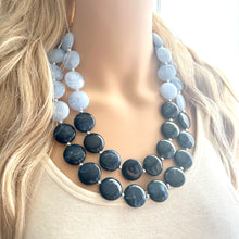 Load image into Gallery viewer, Baby Blue &amp; Navy statement necklace, chunky light blue necklace earrings, navy bib necklace, coral jewelry, beaded blue necklace jewelry