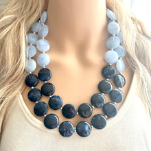 Load image into Gallery viewer, Baby Blue &amp; Navy statement necklace, chunky light blue necklace earrings, navy bib necklace, coral jewelry, beaded blue necklace jewelry