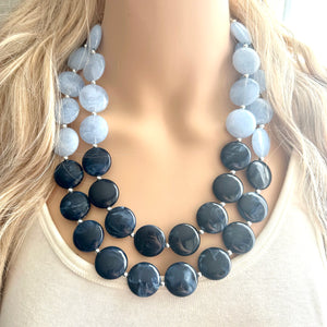 Baby Blue & Navy statement necklace, chunky light blue necklace earrings, navy bib necklace, coral jewelry, beaded blue necklace jewelry