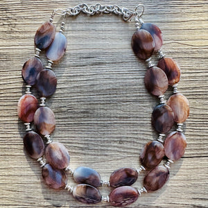 Earthy Neutral Statement Necklace - Brown Blue Green - Chunky Two Strand Jewelry - COLOR BLOCK - ready to ship!