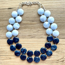 Load image into Gallery viewer, Baby Blue &amp; Navy statement necklace, chunky light blue necklace earrings, navy bib necklace, coral jewelry, beaded blue necklace jewelry