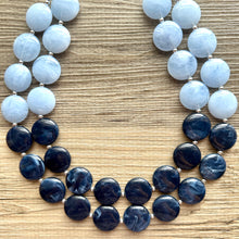 Load image into Gallery viewer, Baby Blue &amp; Navy statement necklace, chunky light blue necklace earrings, navy bib necklace, coral jewelry, beaded blue necklace jewelry