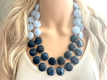 Load image into Gallery viewer, Baby Blue &amp; Navy statement necklace, chunky light blue necklace earrings, navy bib necklace, coral jewelry, beaded blue necklace jewelry