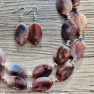 Earthy Neutral Statement Necklace - Brown Blue Green - Chunky Two Strand Jewelry - COLOR BLOCK - ready to ship!