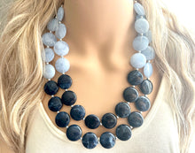 Load image into Gallery viewer, Baby Blue &amp; Navy statement necklace, chunky light blue necklace earrings, navy bib necklace, coral jewelry, beaded blue necklace jewelry