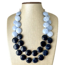 Load image into Gallery viewer, Baby Blue &amp; Navy statement necklace, chunky light blue necklace earrings, navy bib necklace, coral jewelry, beaded blue necklace jewelry