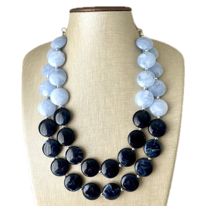 Baby Blue & Navy statement necklace, chunky light blue necklace earrings, navy bib necklace, coral jewelry, beaded blue necklace jewelry