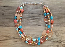 Load image into Gallery viewer, Peach Teal Coral Chunky Statement Necklace, Triple Strand Beaded Jewelry, blue peach coral jewelry, bridsmaid wedding, bib beaded jewelry