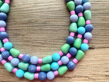 Load image into Gallery viewer, Purple Gold White Statement Necklace, Chunky Two Strand Jewelry, purple necklace, gold necklace, COLOR BLOCK, bib necklace, white gold