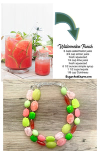 Watermelon Island statement necklace, pink and green, Beaded statement necklace, bib necklace, green necklace, statement jewelry