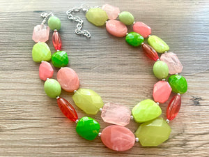 Watermelon Island statement necklace, pink and green, Beaded statement necklace, bib necklace, green necklace, statement jewelry