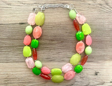 Load image into Gallery viewer, Watermelon Island statement necklace, pink and green, Beaded statement necklace, bib necklace, green necklace, statement jewelry