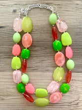 Load image into Gallery viewer, Watermelon Island statement necklace, pink and green, Beaded statement necklace, bib necklace, green necklace, statement jewelry