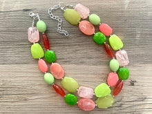 Load image into Gallery viewer, Watermelon Island statement necklace, pink and green, Beaded statement necklace, bib necklace, green necklace, statement jewelry